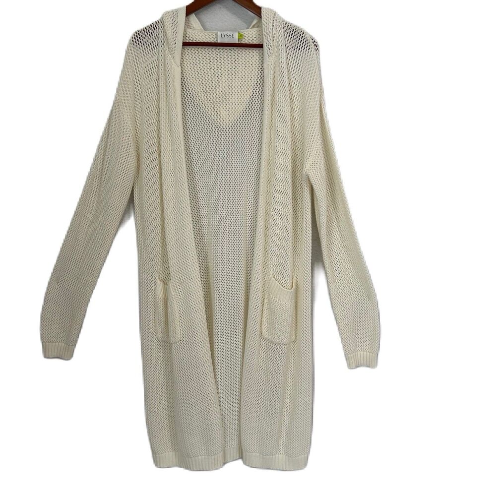 Lysse Cardigan Women L/XL Ivory Long Hood Open Knit Pocket Stretch Comfy Casual